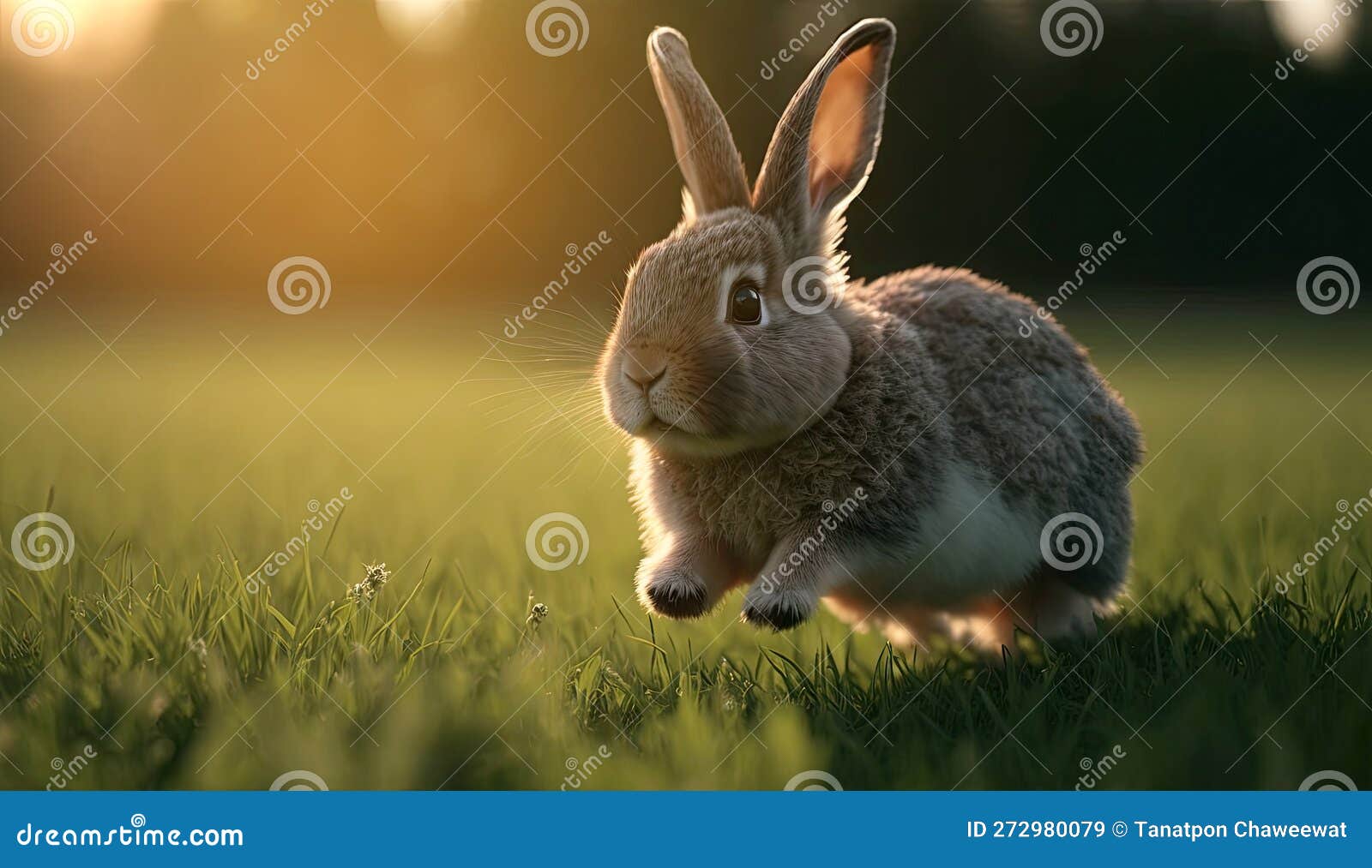 Happy rabbit hopping in the forest